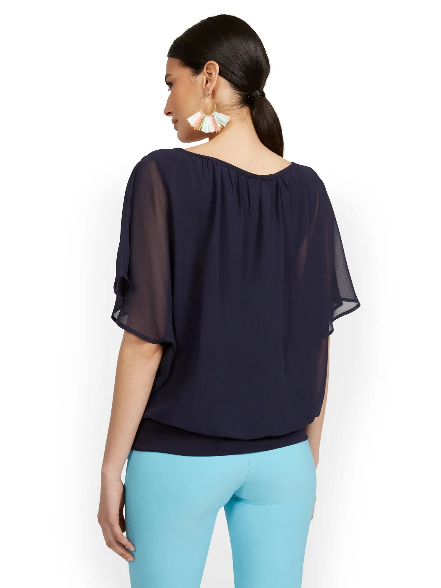 Petite Semi-Sheer Flutter Dolman-Sleeve Top