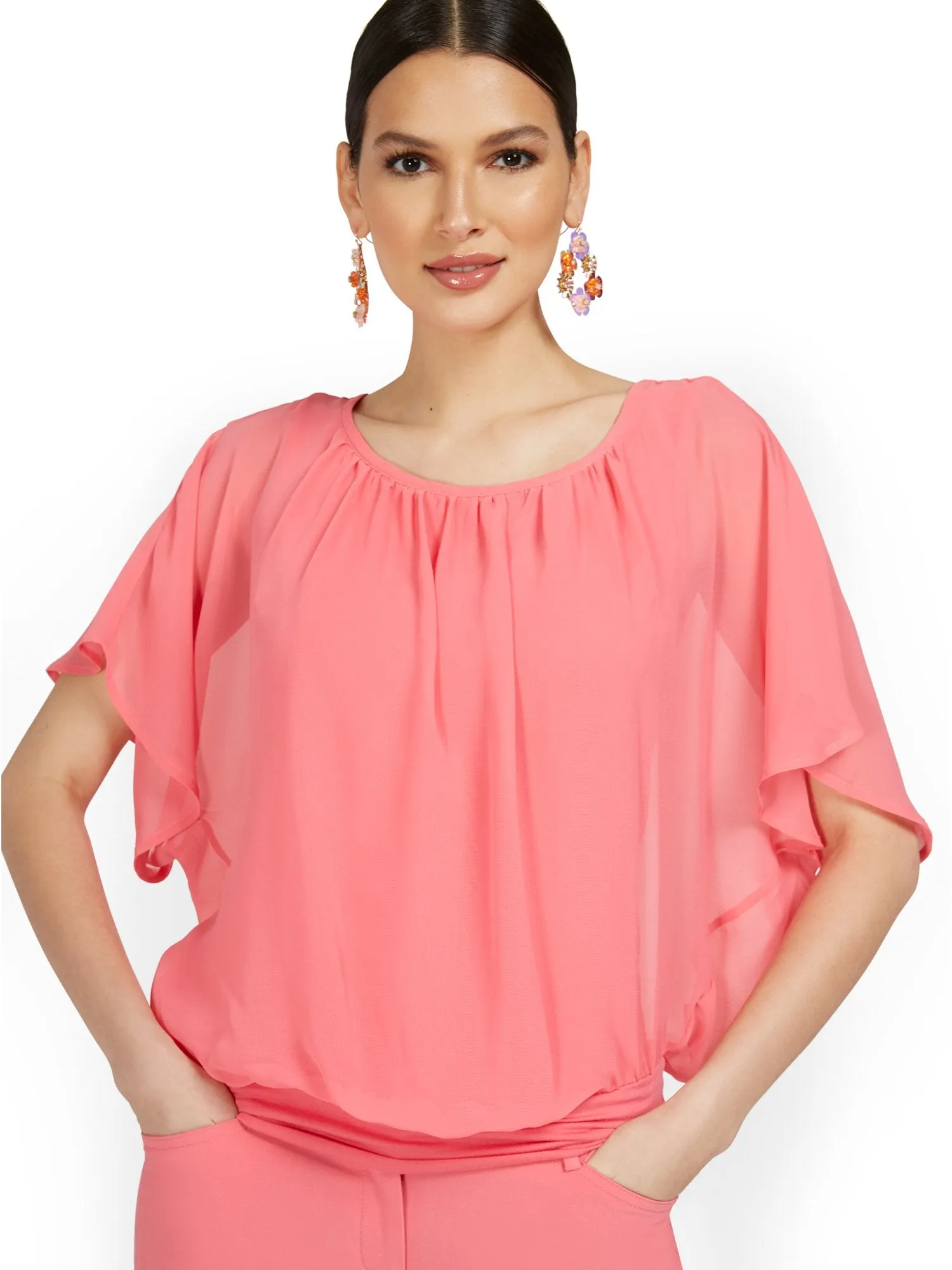 Petite Semi-Sheer Flutter Dolman-Sleeve Top