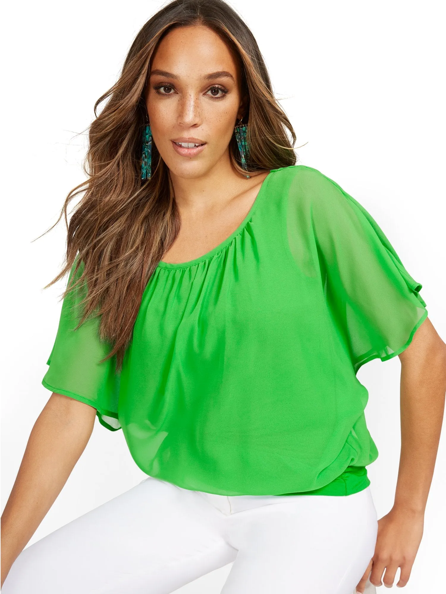 Petite Semi-Sheer Flutter Dolman-Sleeve Top