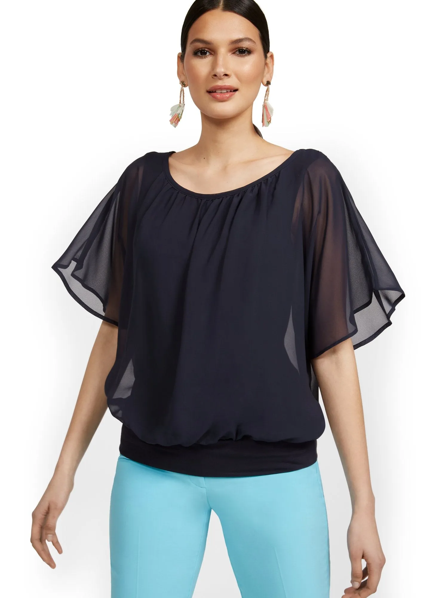 Petite Semi-Sheer Flutter Dolman-Sleeve Top