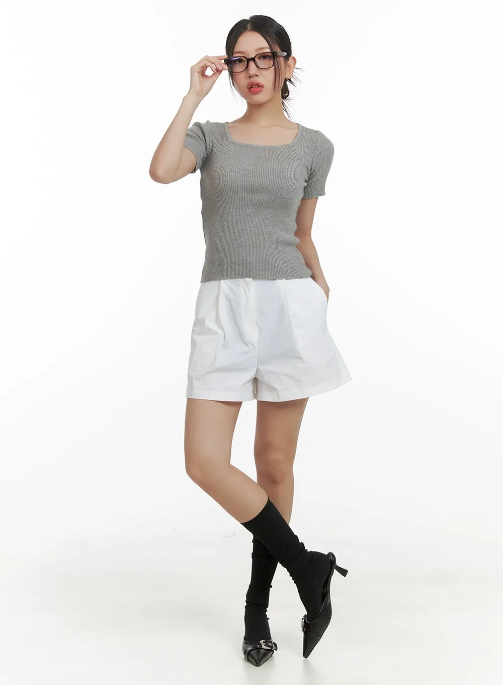 Pintuck Solid Cotton Shorts OA419