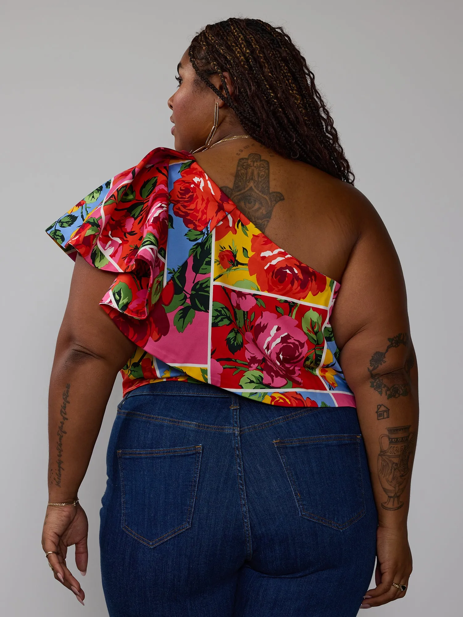 Plus One Shoulder Patchwork Floral Top