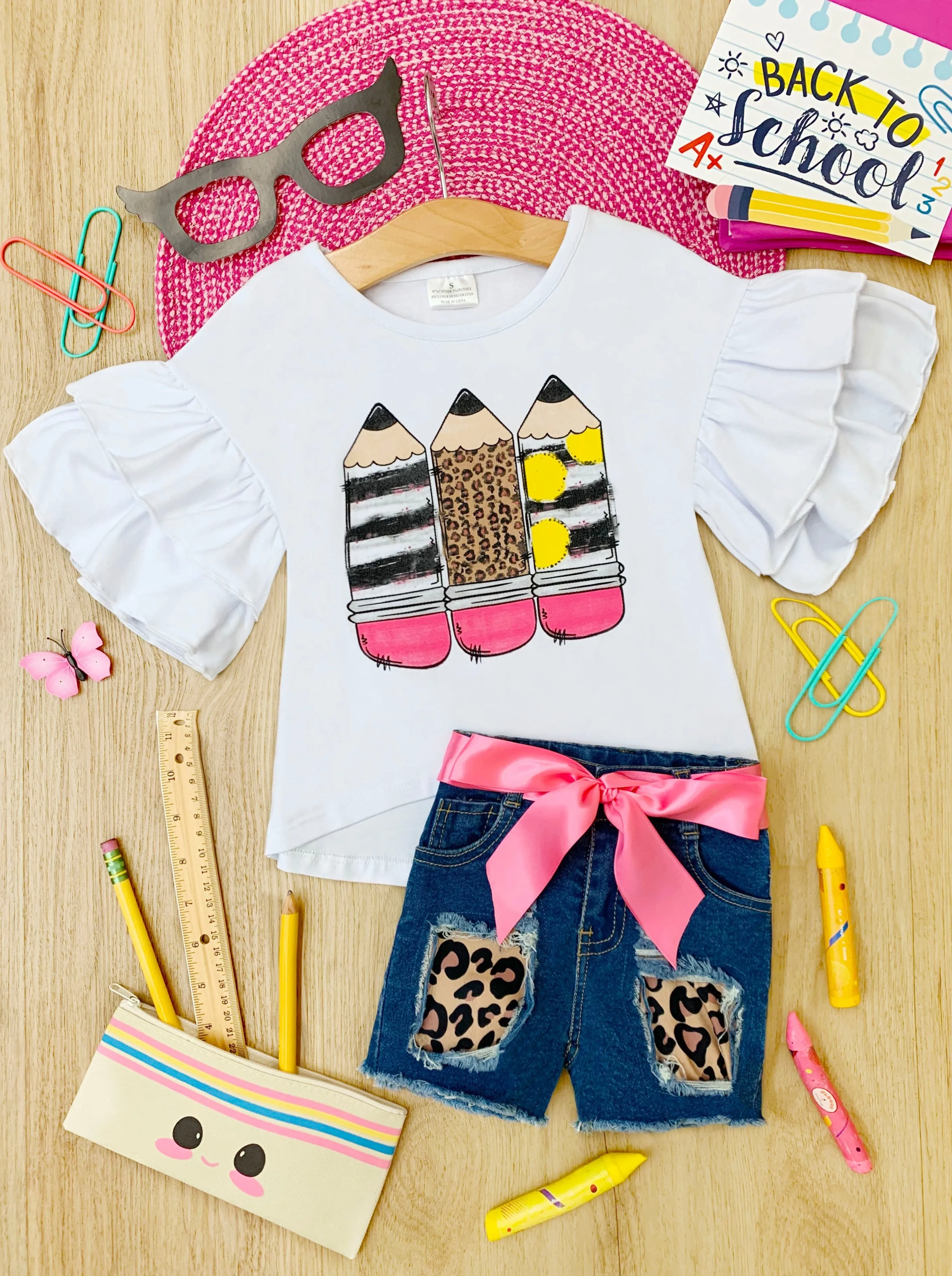 Preppy Pencil Leopard Patch Denim Short Set