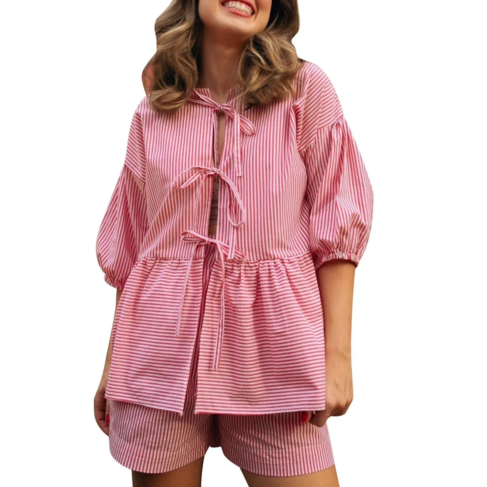 Print Tie Front Short Sleeves Tops Elastic Shorts Chic Plaid/Stripe Pajamas