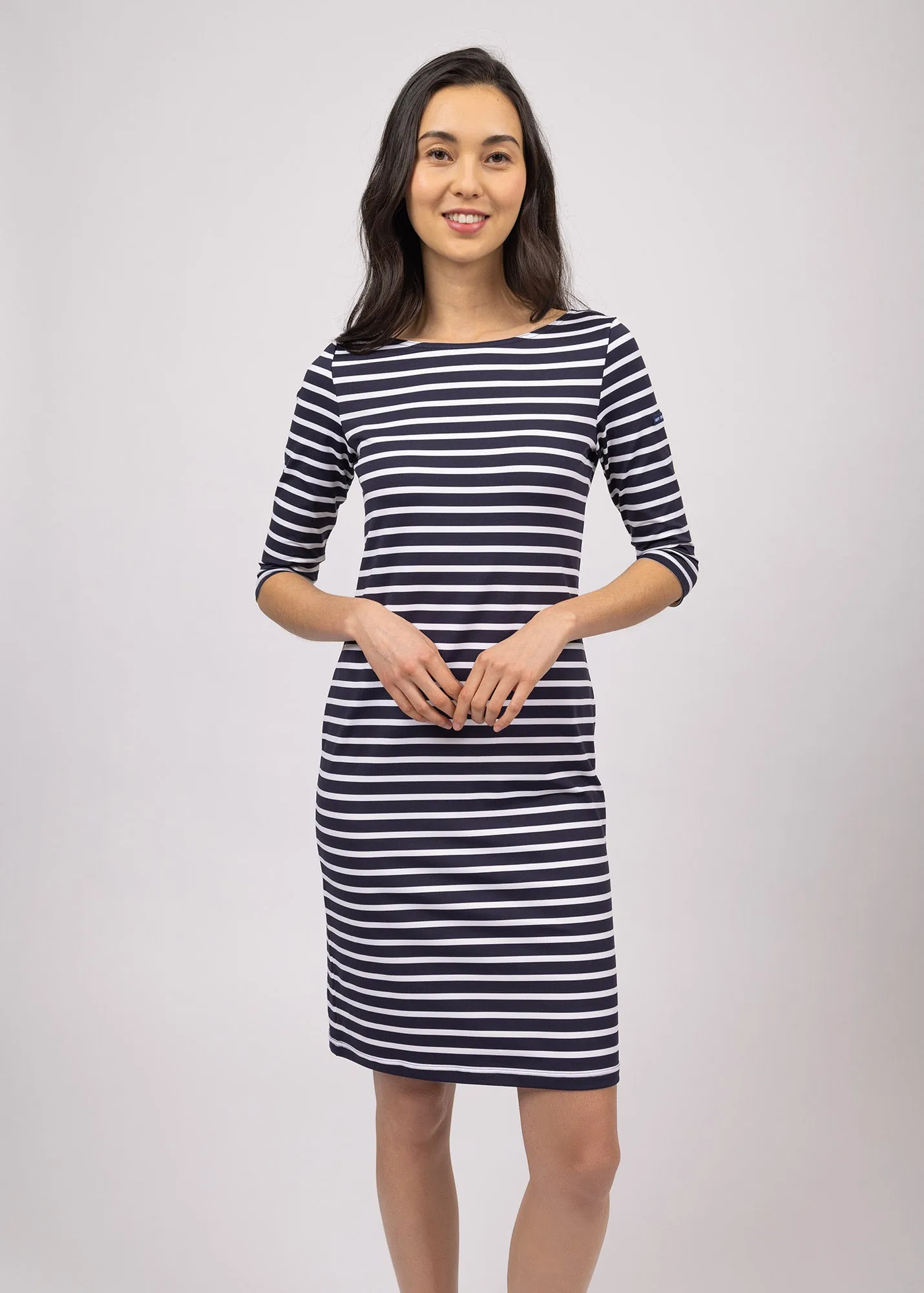 Propriano anti-UV striped dress - with 3/4 length sleeves (NAVY/NEIGE)