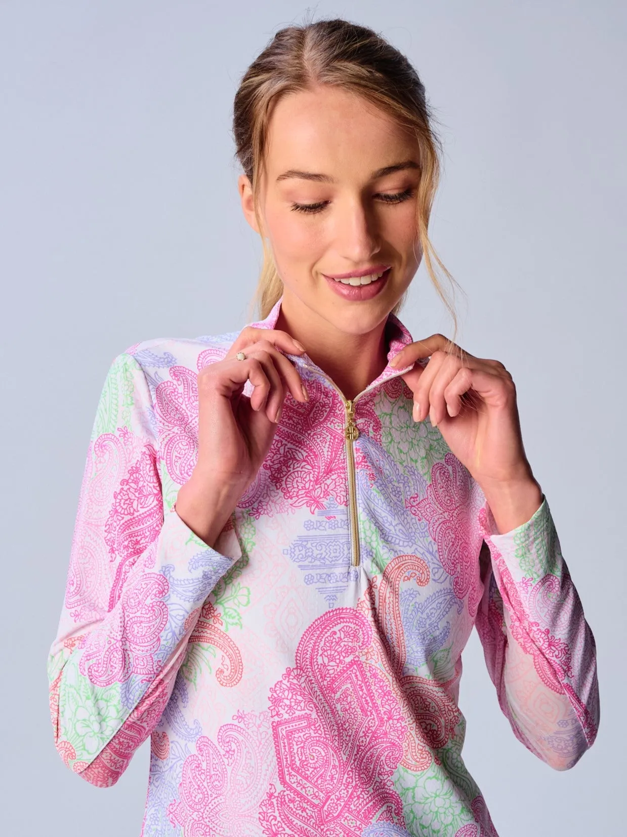 Quarter Zip Sun Protection Top In Paisley Multi