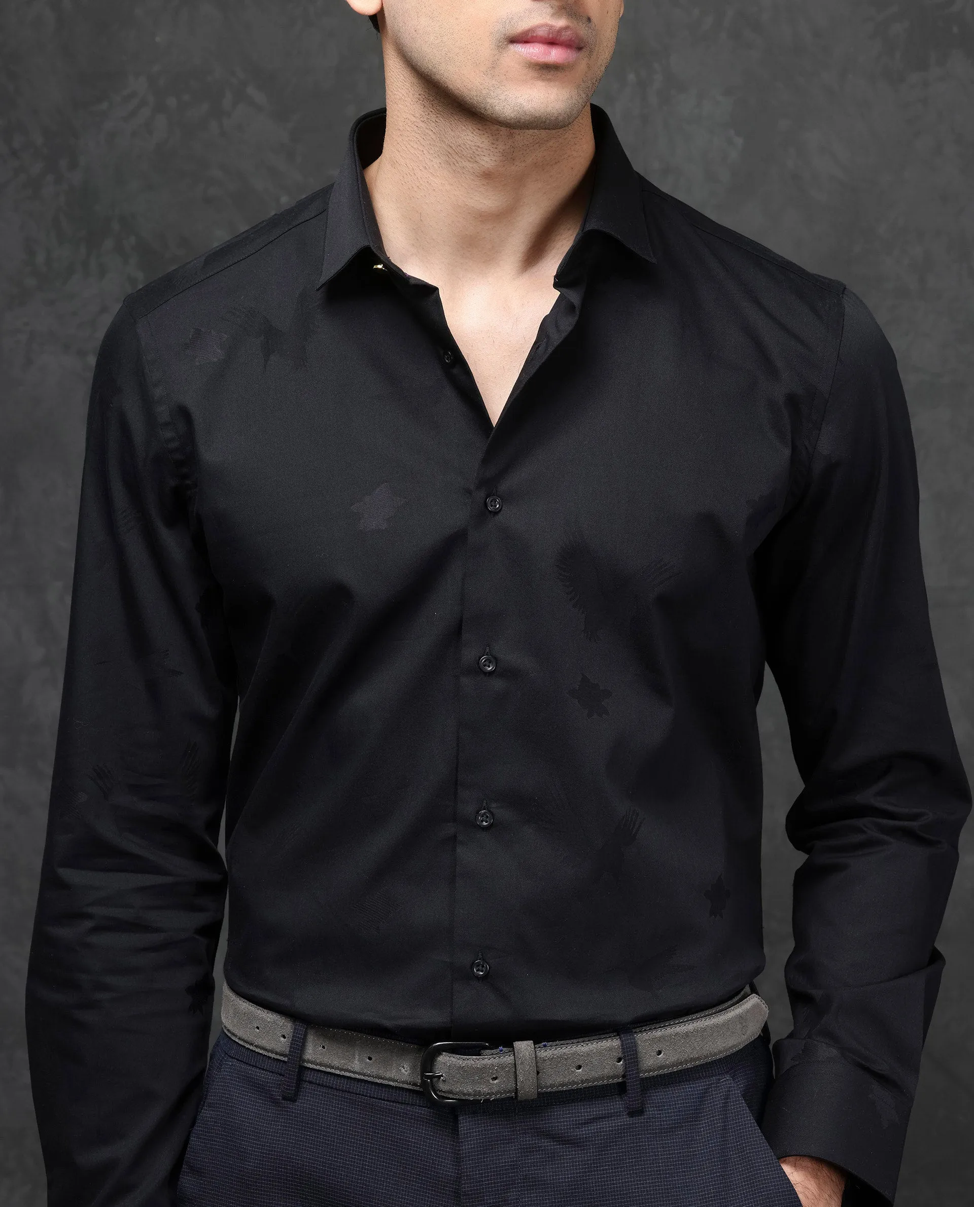 Rare Rabbit Mens Sherd  Black Cotton Fabric Full Sleeve Regular Fit Jacquard Textured Shirt