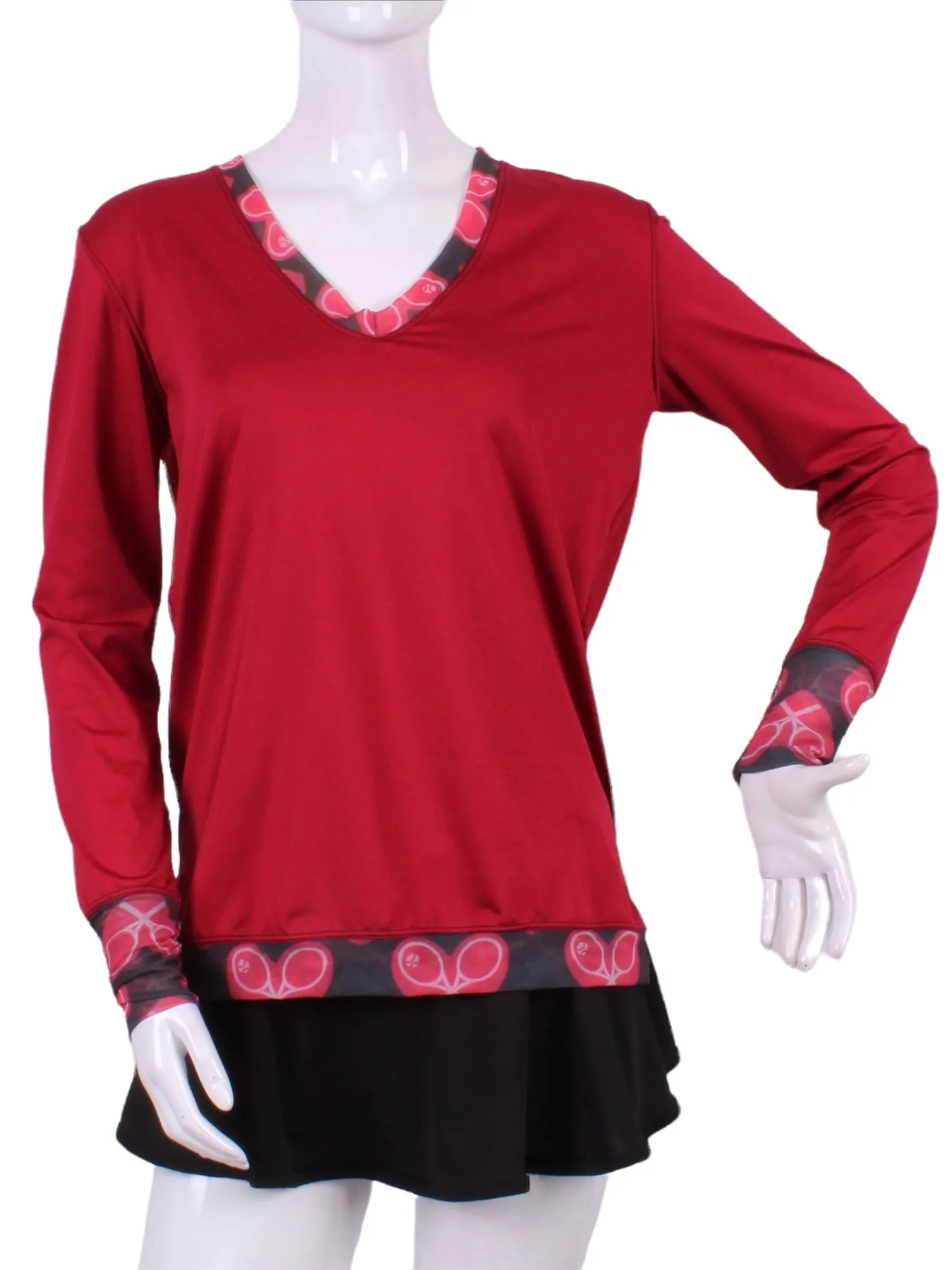 Raspberry Red Long Sleeve Very Vee   Heart Mesh