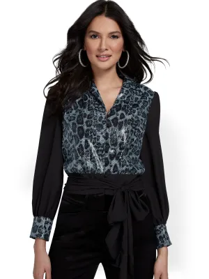 Sequin Leopard-Print Shirred-Sleeve Blouse