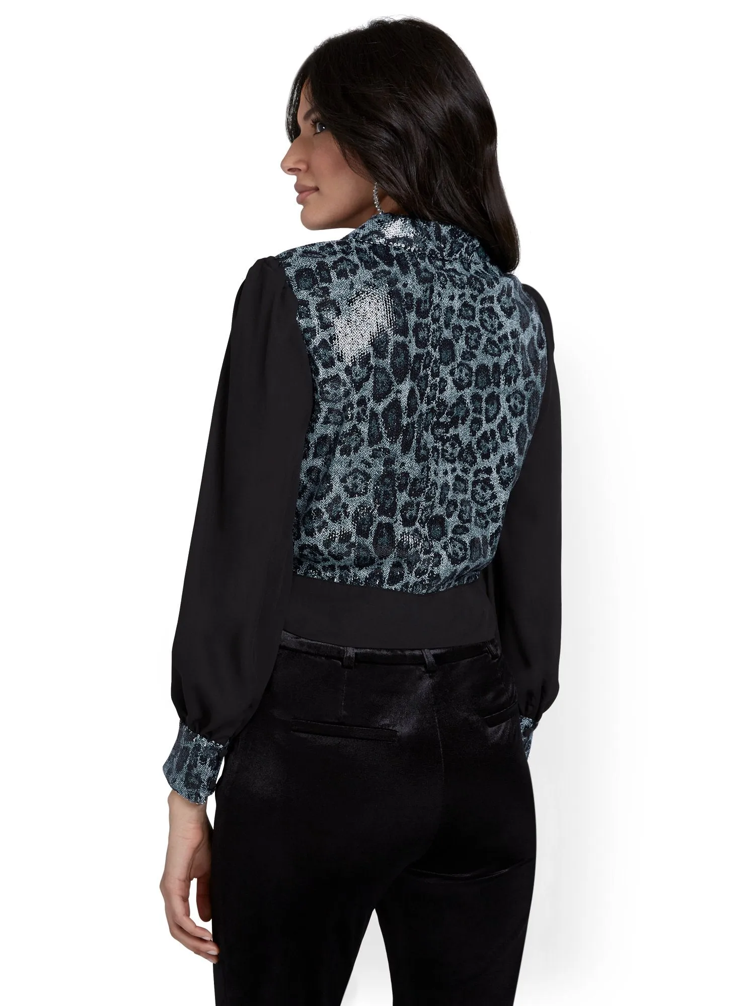 Sequin Leopard-Print Shirred-Sleeve Blouse