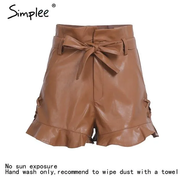 Simplee Side lace up black Leather shorts Women cinched belt eyelet high waist shorts 2017 autumn camel short paperbag bottom