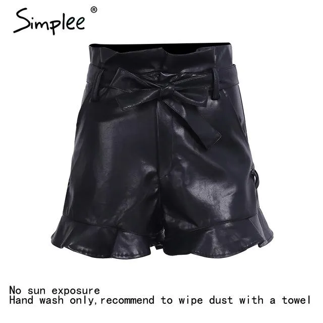 Simplee Side lace up black Leather shorts Women cinched belt eyelet high waist shorts 2017 autumn camel short paperbag bottom