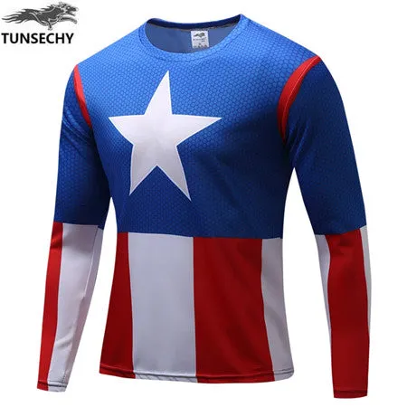 TUNSECHY NEW Marvel Super Heroes Avenger Batman T shirt Men Compression Armour Base Layer Long Sleeve Thermal Under Top Fitness