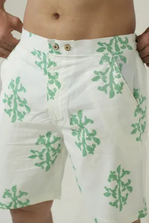 White color green motif print Cotton , Only shorts Part of Coord Set | Style Matters