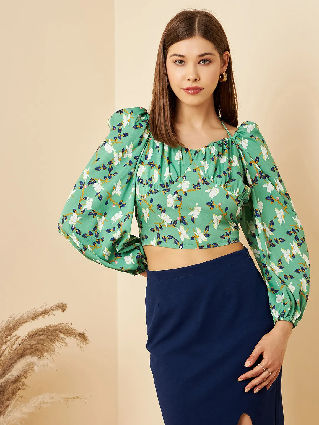 Women Green Print Colour Sweetheart Neck Floral Regular Top