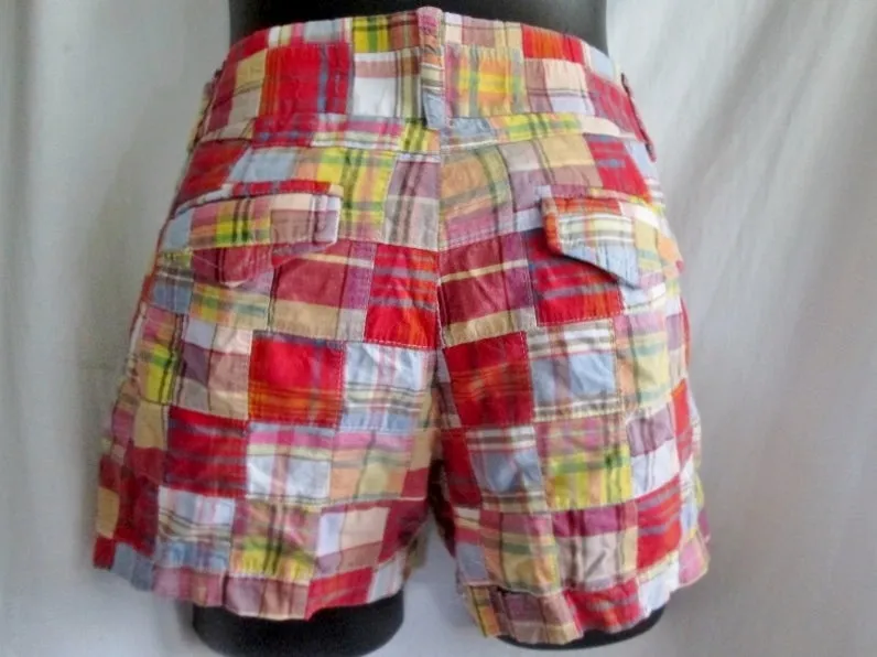 Womens J. CREW CITY FIT Casual Cotton SHORTS MADRAS PLAID 0 RED BLUE ORANGE