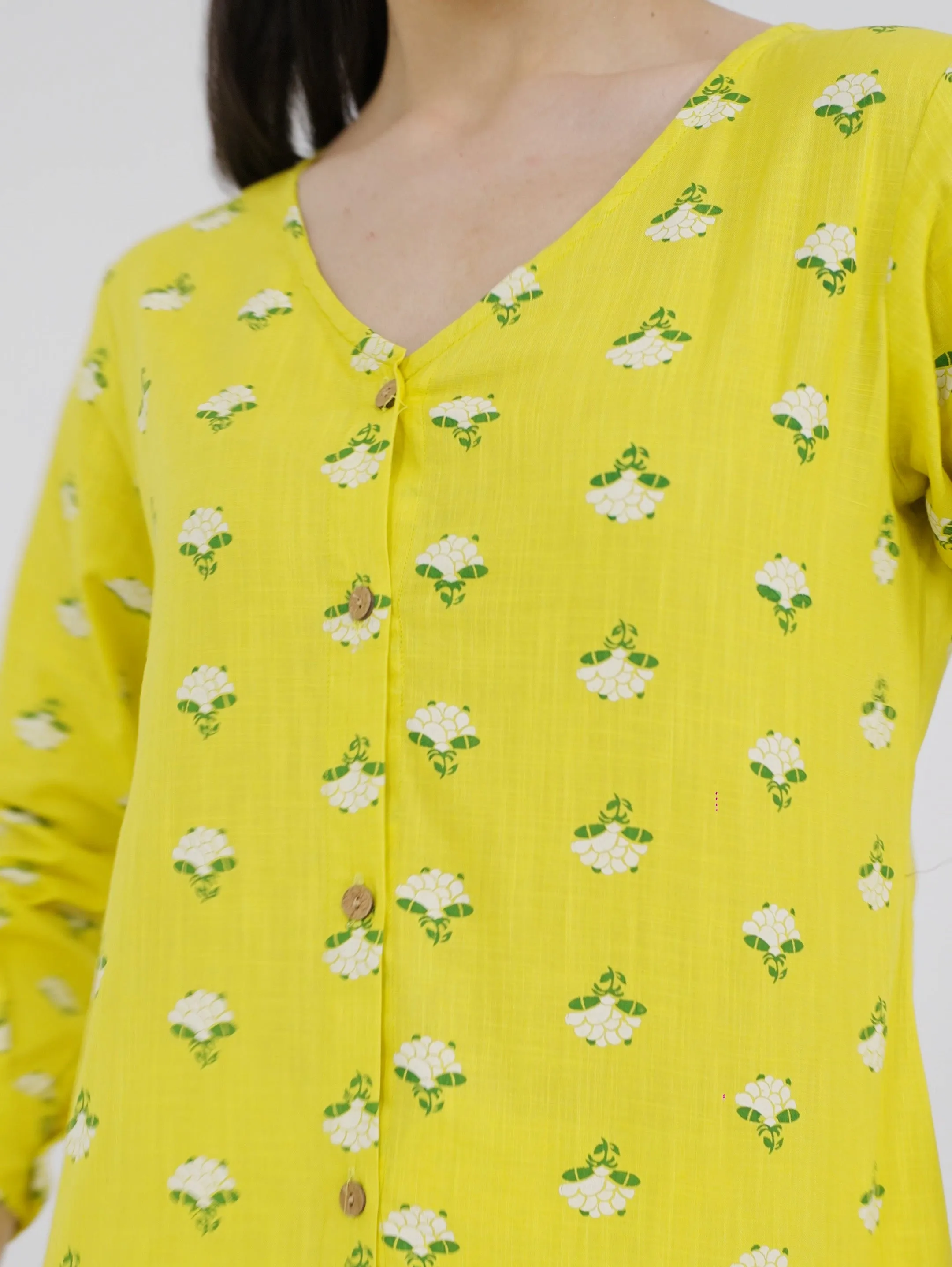 Yellow Floral Print V Neck Shirt