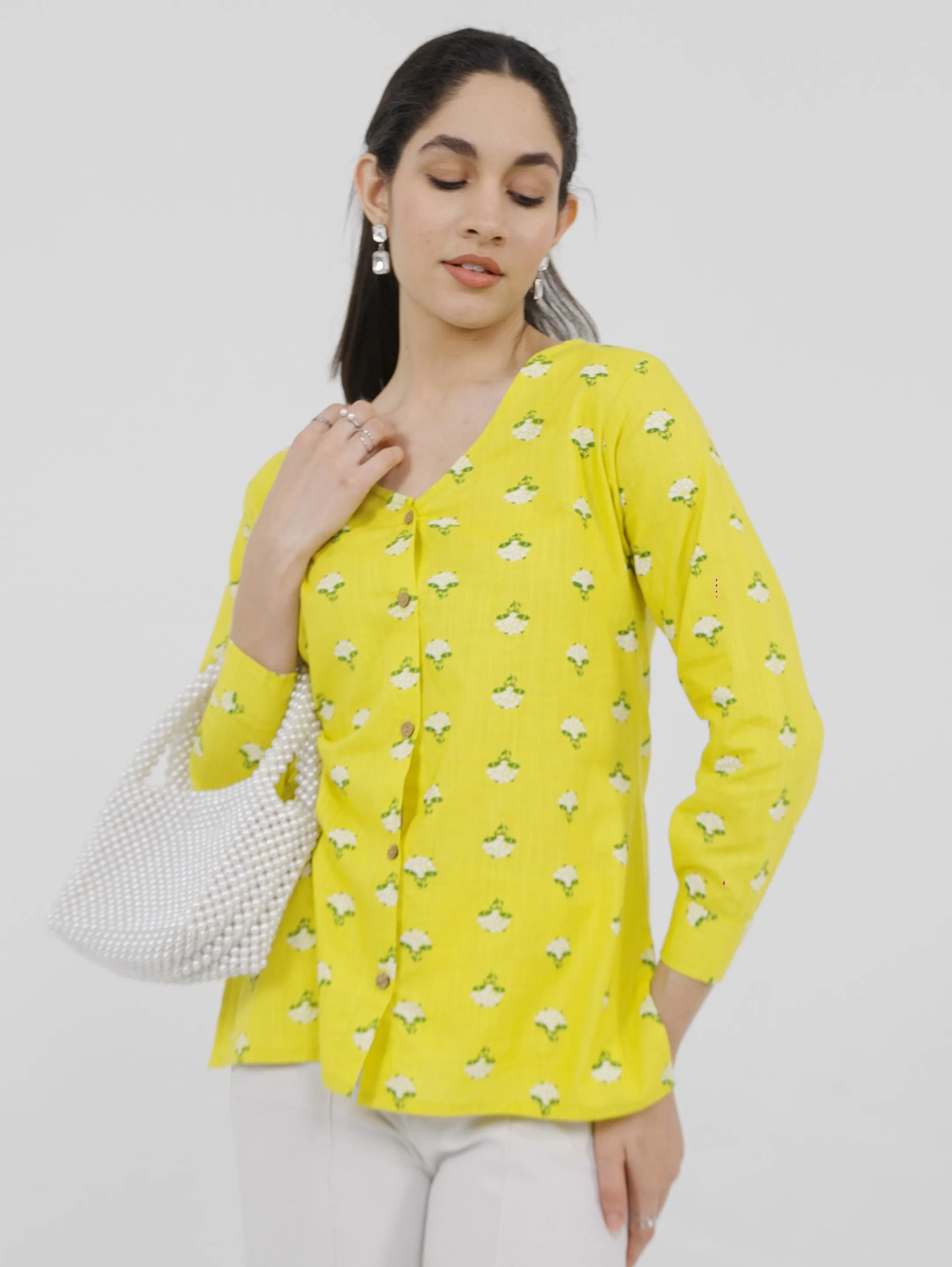 Yellow Floral Print V Neck Shirt