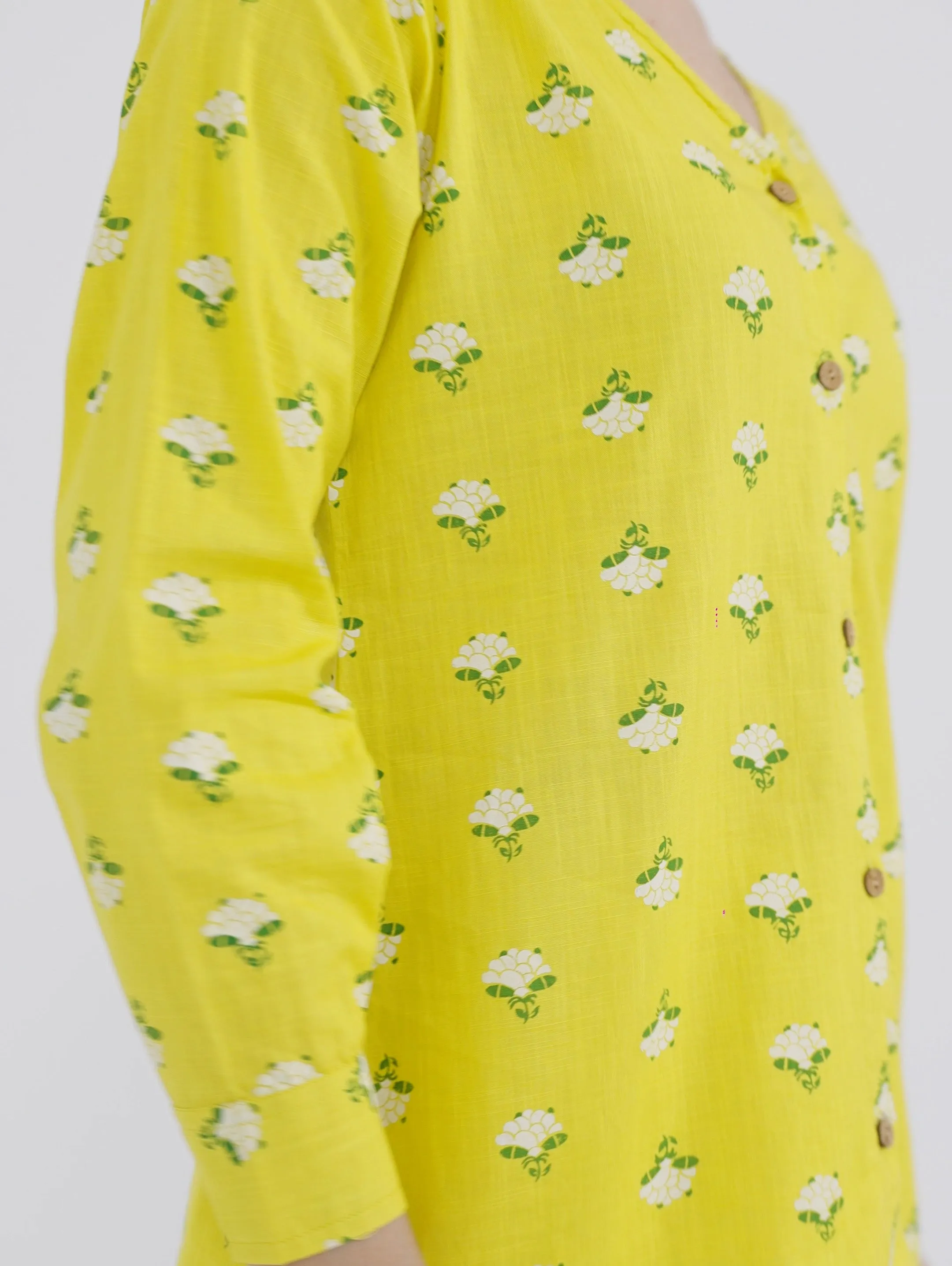 Yellow Floral Print V Neck Shirt